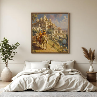 This majestic painting illustrates a royal procession approaching an opulent palace in an ancient I… for bedroom