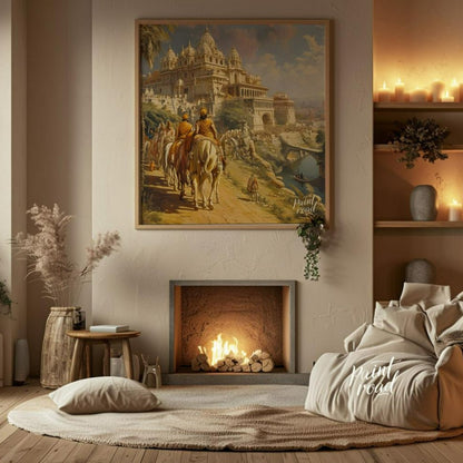 This majestic painting illustrates a royal procession approaching an opulent palace in an ancient I… for living room