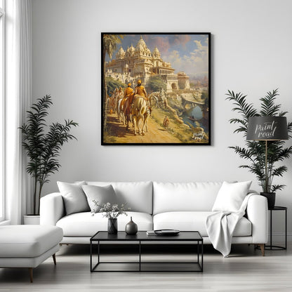 This majestic painting illustrates a royal procession approaching an opulent palace in an ancient I… for living room