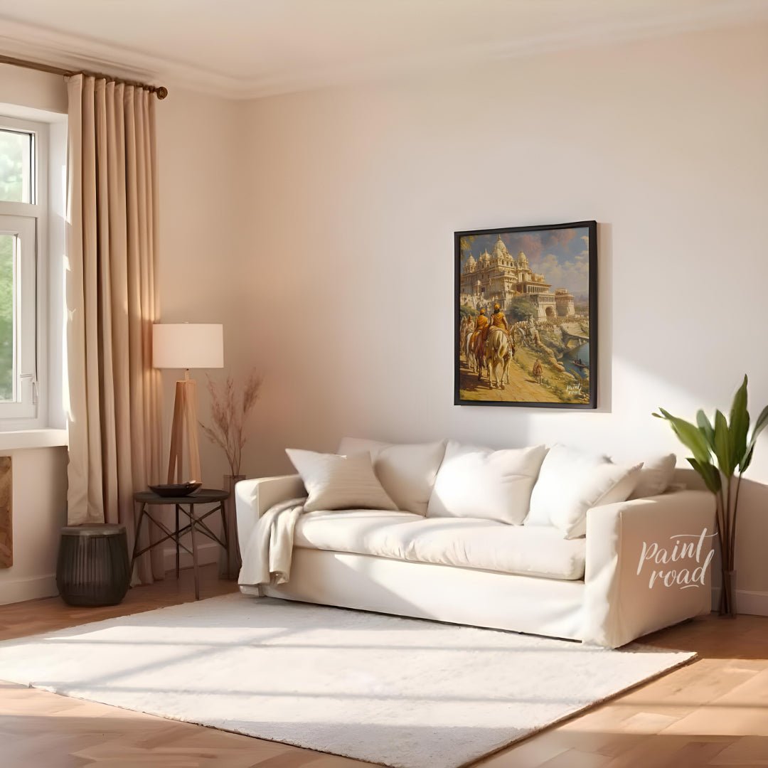 This majestic painting illustrates a royal procession approaching an opulent palace in an ancient I… for living room