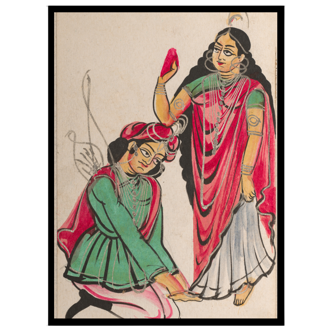 Immerse yourself in the vibrant tradition of Kalighat art with this captivating print depicting a for decor
