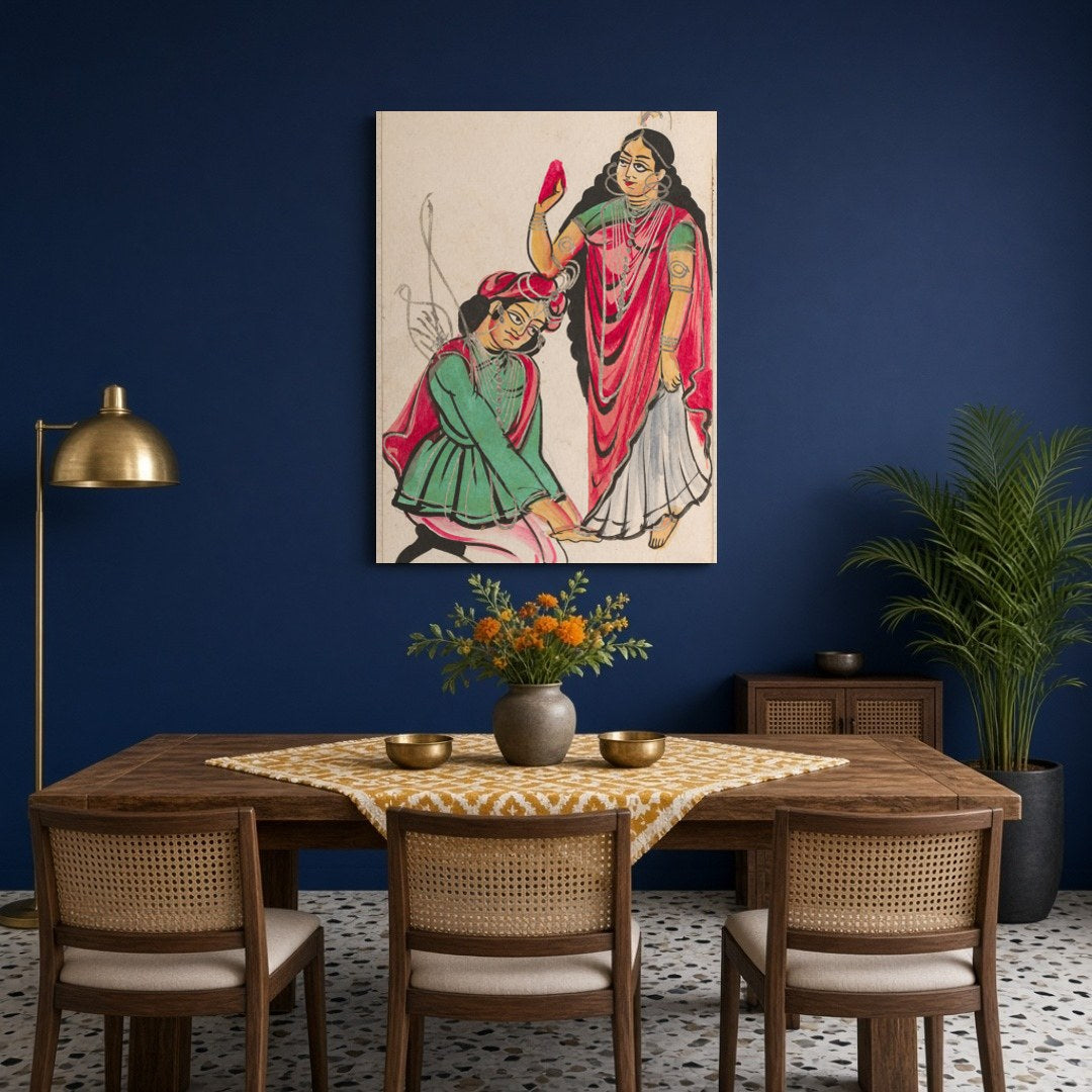 Immerse yourself in the vibrant tradition of Kalighat art with this captivating print depicting a for Dining