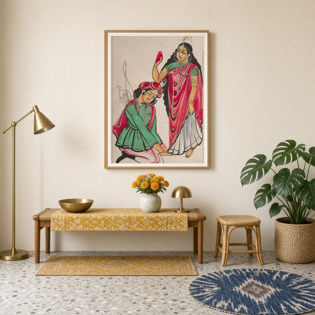 Immerse yourself in the vibrant tradition of Kalighat art with this captivating print depicting a for Entrance