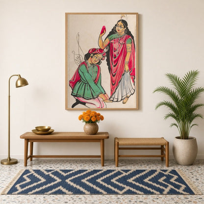Immerse yourself in the vibrant tradition of Kalighat art with this captivating print depicting a for Hallway