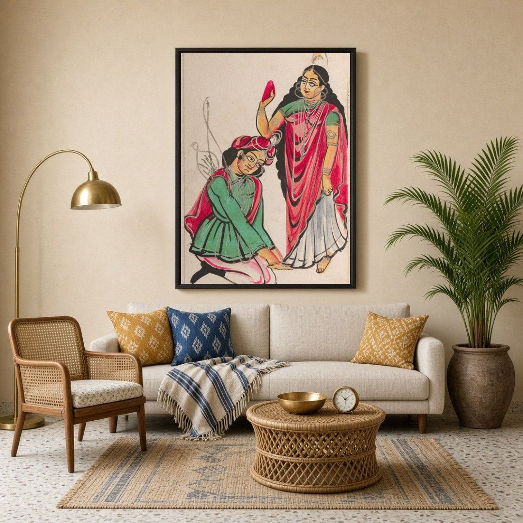 Immerse yourself in the vibrant tradition of Kalighat art with this captivating print depicting a for Living Room