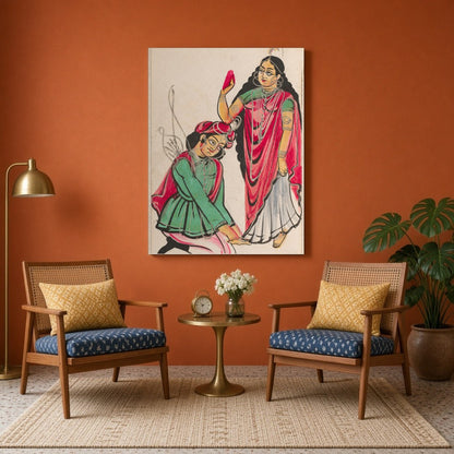 Immerse yourself in the vibrant tradition of Kalighat art with this captivating print depicting a for Sitting Area