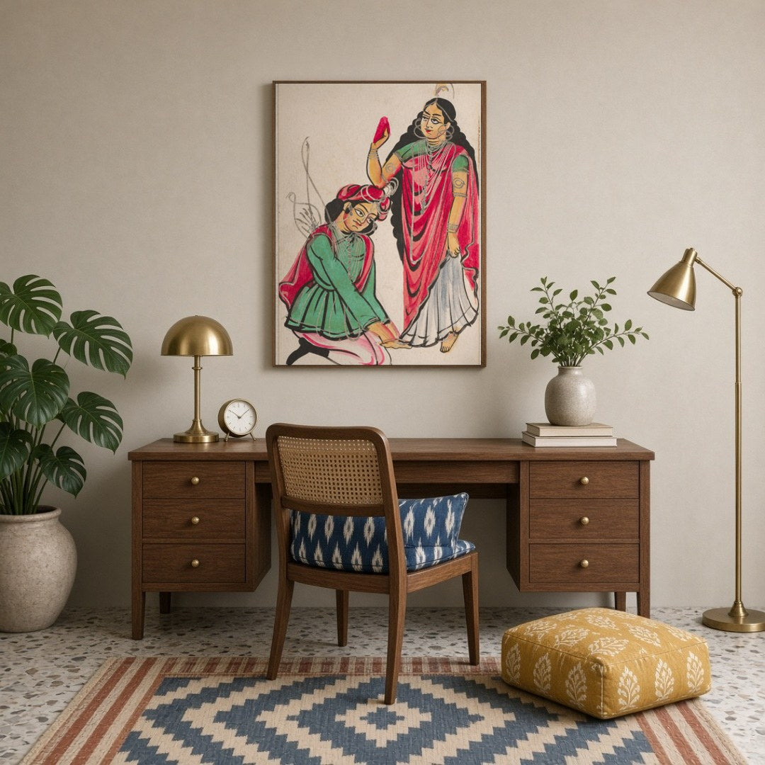 Immerse yourself in the vibrant tradition of Kalighat art with this captivating print depicting a for Study