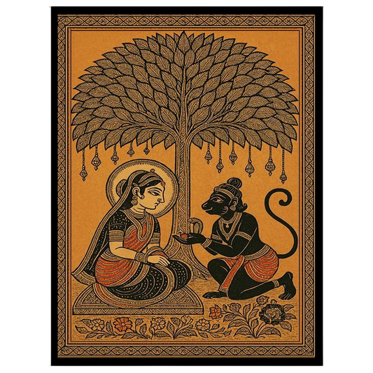 Delve into the spiritual bond between Hanuman and Sita depicted in this exquisite Kalamkari for decor