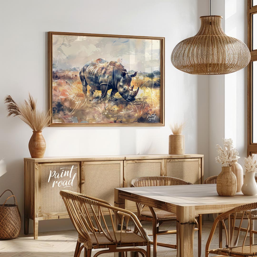 This dynamic watercolor painting portrays a powerful rhinoceros in a sprawling, abstract prairie la… for dining room
