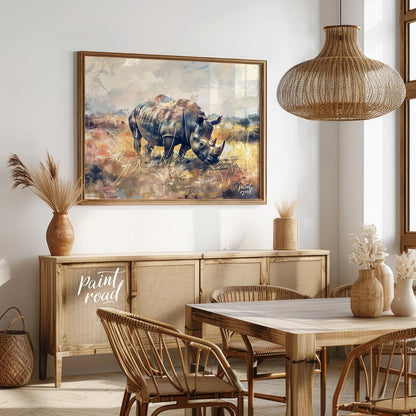 This dynamic watercolor painting portrays a powerful rhinoceros in a sprawling, abstract prairie la… for dining room