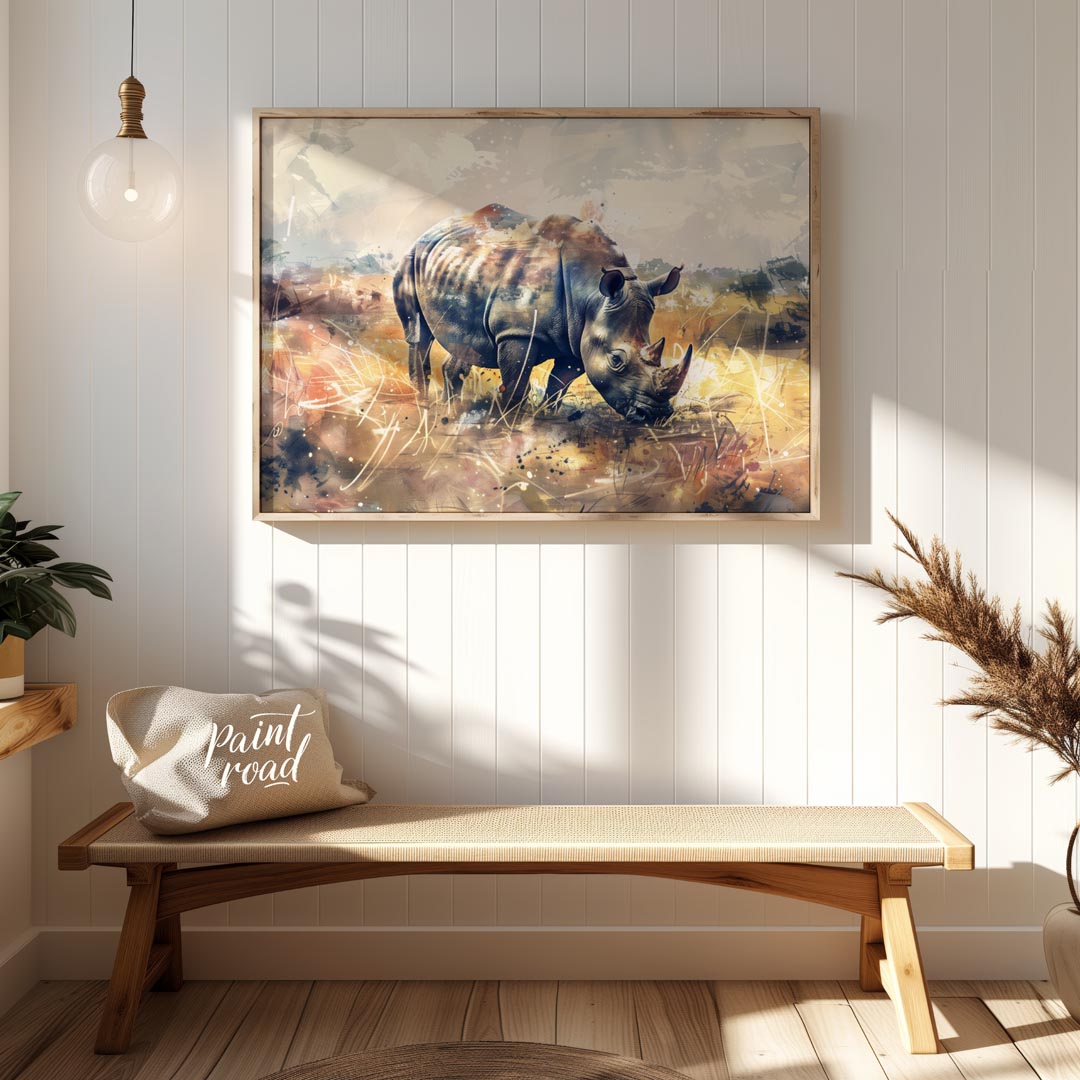 This dynamic watercolor painting portrays a powerful rhinoceros in a sprawling, abstract prairie la… for entryway