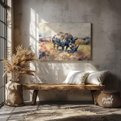 This dynamic watercolor painting portrays a powerful rhinoceros in a sprawling, abstract prairie la… for hallway