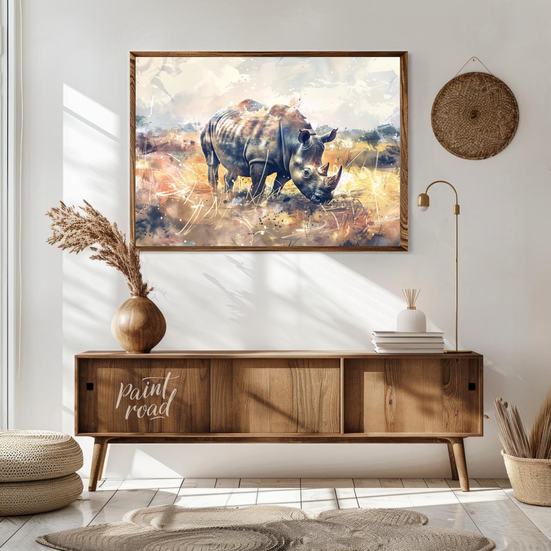 This dynamic watercolor painting portrays a powerful rhinoceros in a sprawling, abstract prairie la… for living room