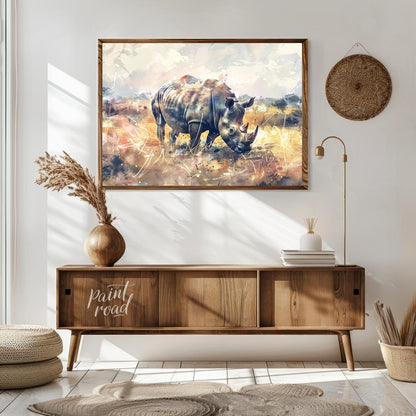 This dynamic watercolor painting portrays a powerful rhinoceros in a sprawling, abstract prairie la… for living room