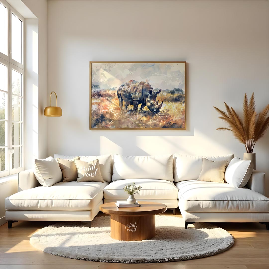 This dynamic watercolor painting portrays a powerful rhinoceros in a sprawling, abstract prairie la… for living room