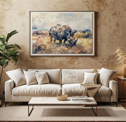 This dynamic watercolor painting portrays a powerful rhinoceros in a sprawling, abstract prairie la… for living room