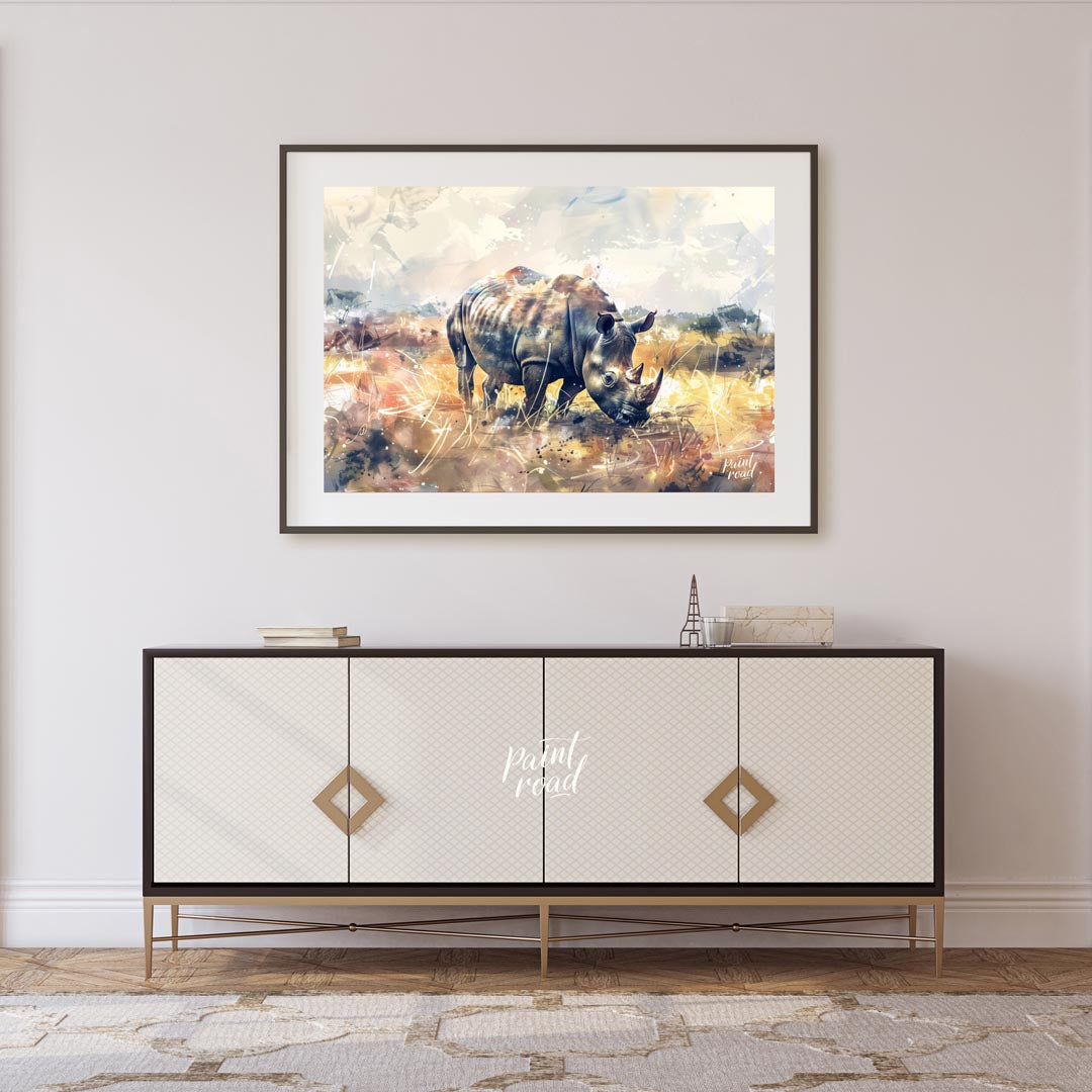 This dynamic watercolor painting portrays a powerful rhinoceros in a sprawling, abstract prairie la… for living room