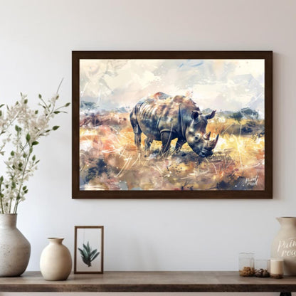 This dynamic watercolor painting portrays a powerful rhinoceros in a sprawling, abstract prairie la… for other