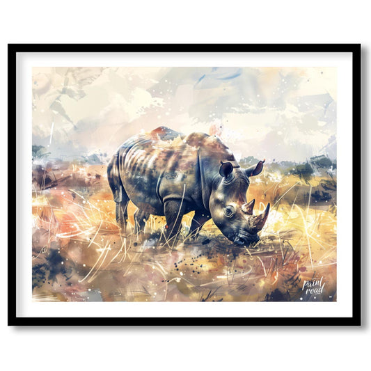 This dynamic watercolor painting portrays a powerful rhinoceros in a sprawling, abstract prairie la… for sanctuary