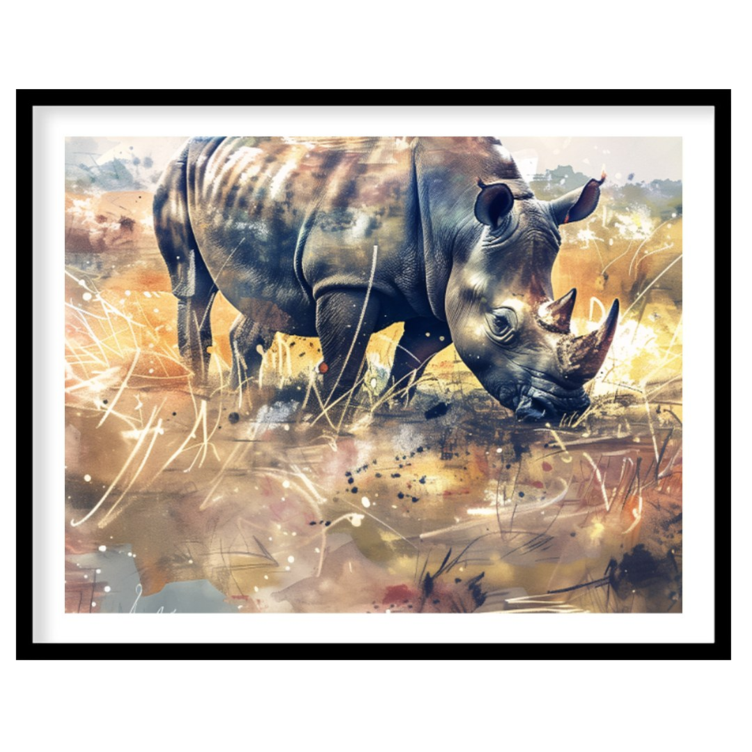 This dynamic watercolor painting portrays a powerful rhinoceros in a sprawling, abstract prairie la… for sanctuary