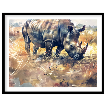 This dynamic watercolor painting portrays a powerful rhinoceros in a sprawling, abstract prairie la… for sanctuary