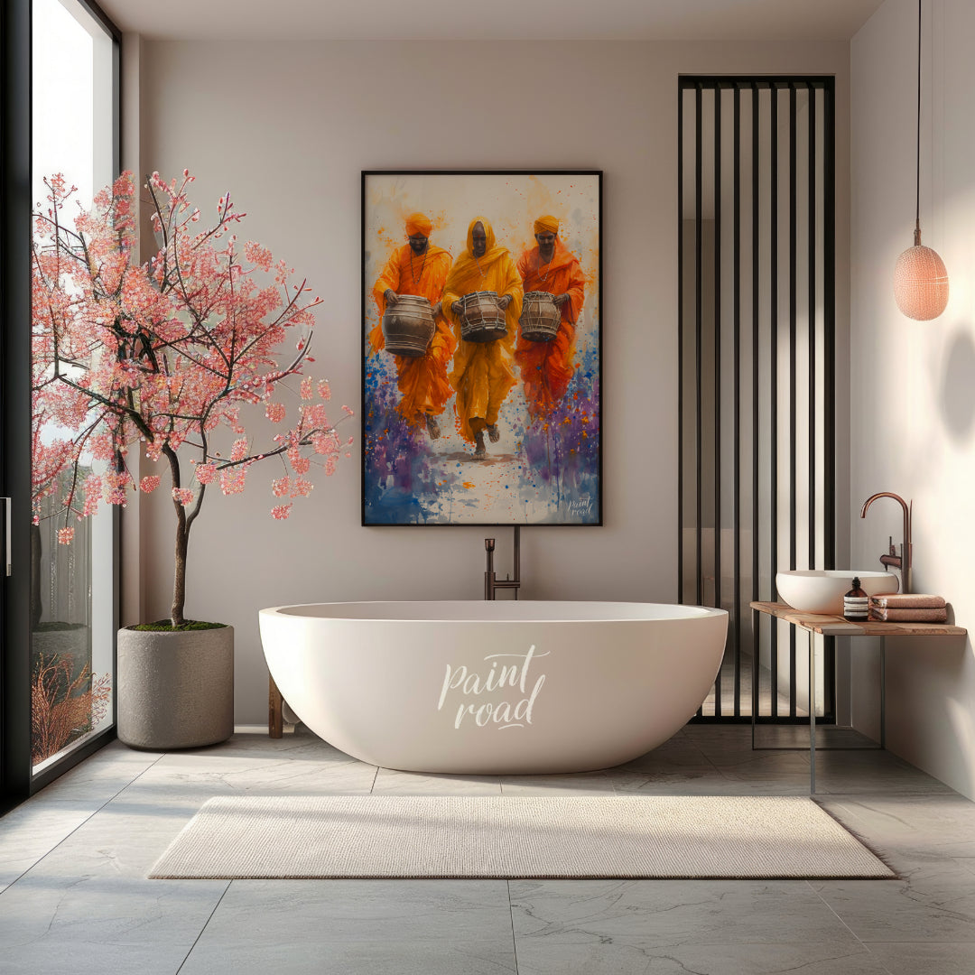This vibrant painting captures the energy and joy of a procession of musicians. Three men, dressed … for bathroom