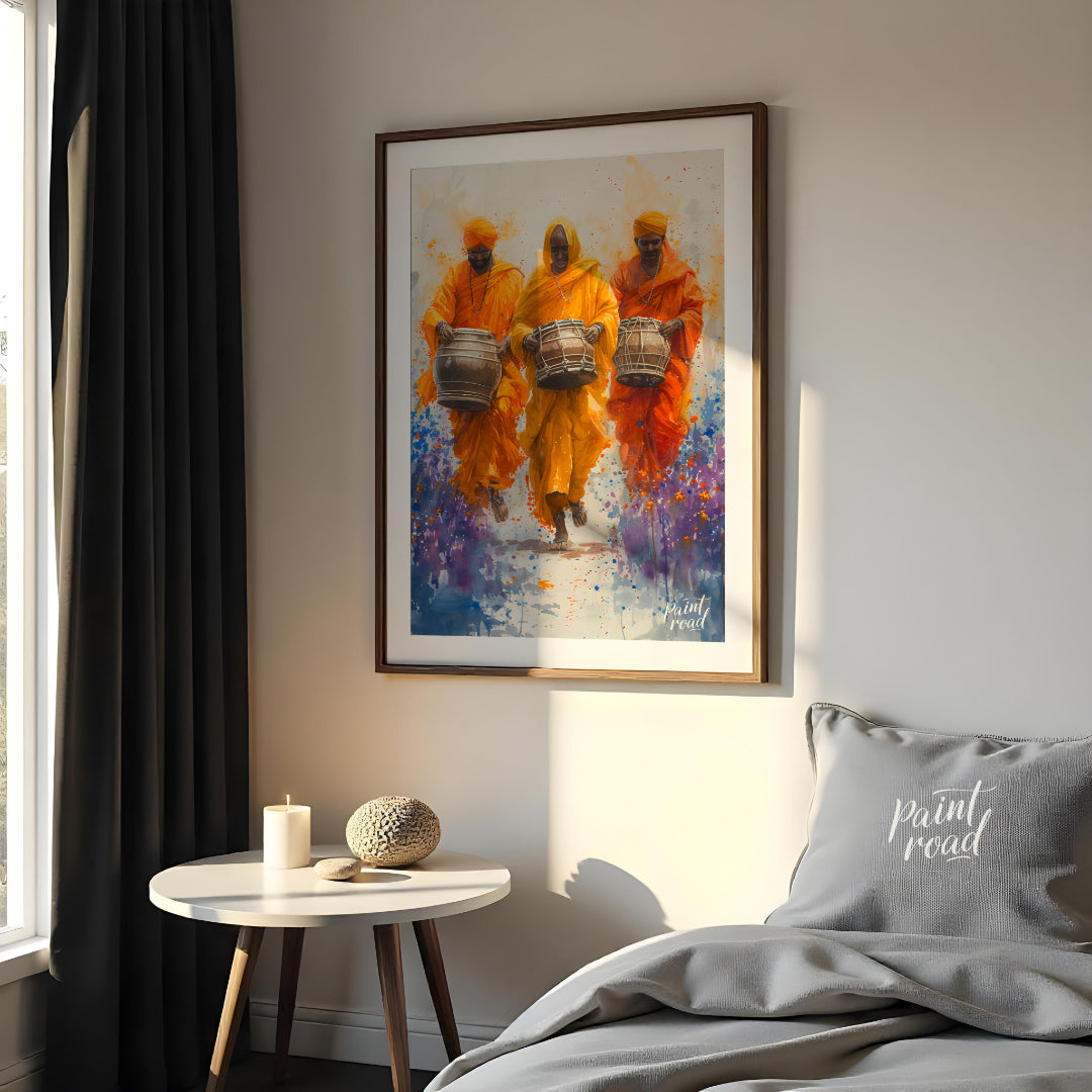 This vibrant painting captures the energy and joy of a procession of musicians. Three men, dressed … for bedroom