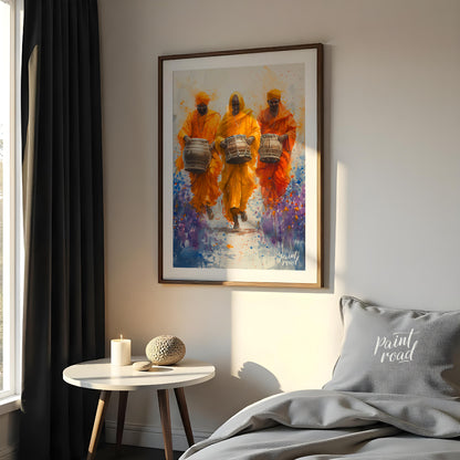 This vibrant painting captures the energy and joy of a procession of musicians. Three men, dressed … for bedroom