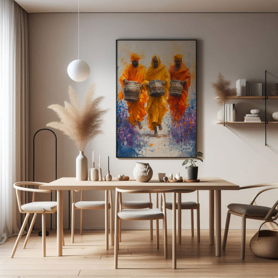 This vibrant painting captures the energy and joy of a procession of musicians. Three men, dressed … for dining room