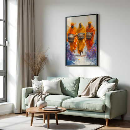 This vibrant painting captures the energy and joy of a procession of musicians. Three men, dressed … for living room