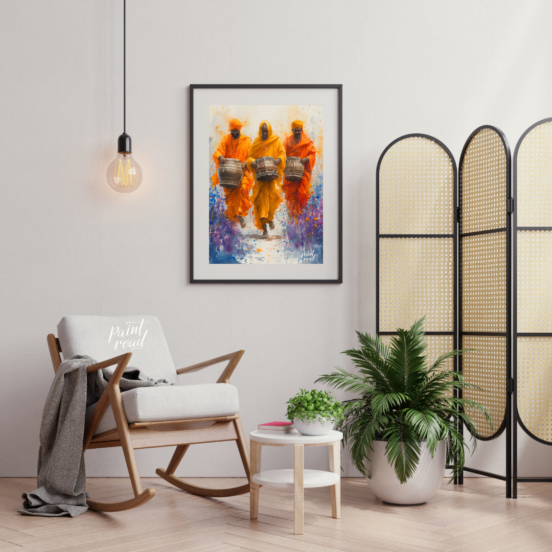 This vibrant painting captures the energy and joy of a procession of musicians. Three men, dressed … for living room