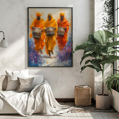 This vibrant painting captures the energy and joy of a procession of musicians. Three men, dressed … for living room