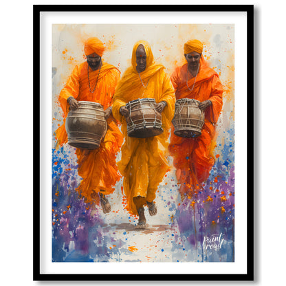 This vibrant painting captures the energy and joy of a procession of musicians. Three men, dressed … for lovely house