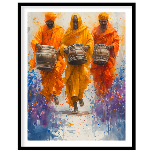 This vibrant painting captures the energy and joy of a procession of musicians. Three men, dressed … for lovely house