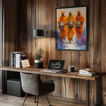 This vibrant painting captures the energy and joy of a procession of musicians. Three men, dressed … for office