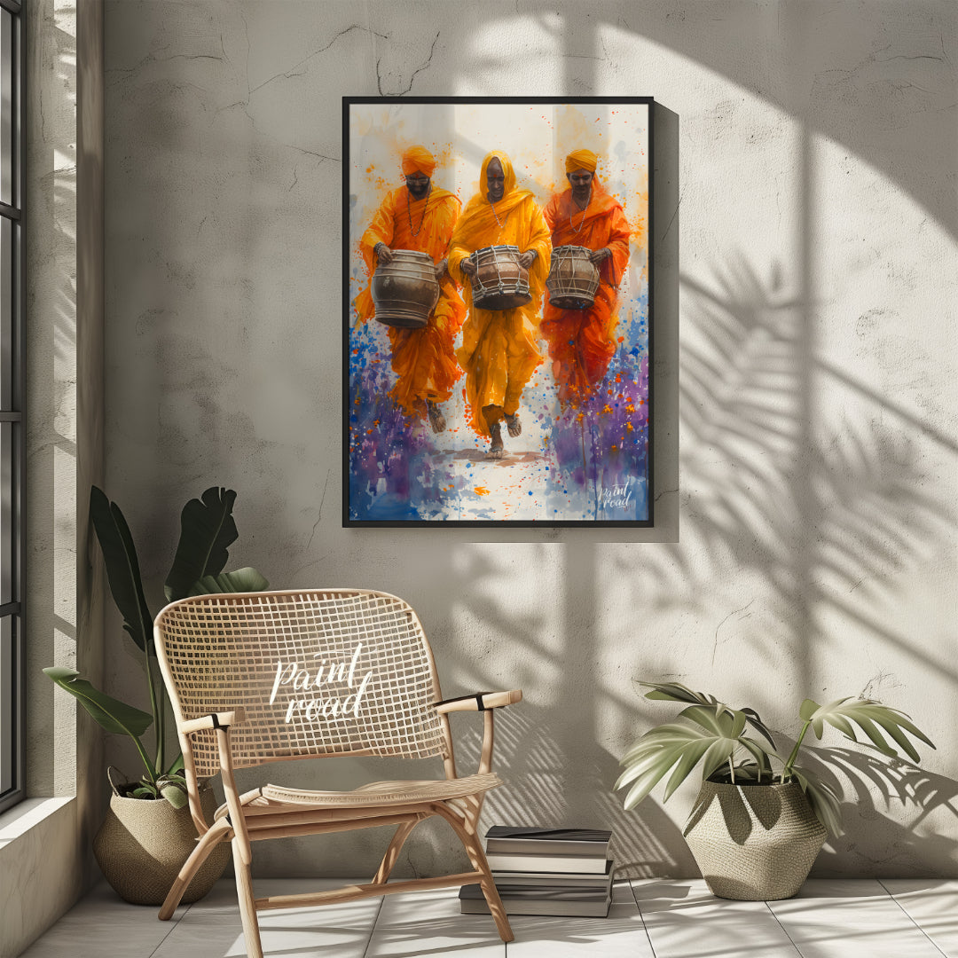 This vibrant painting captures the energy and joy of a procession of musicians. Three men, dressed … for other
