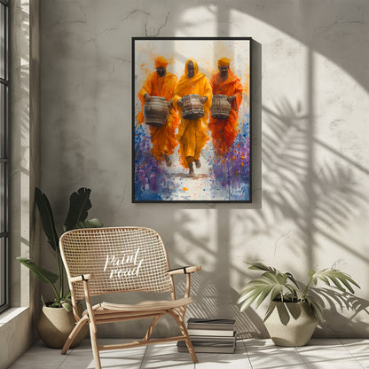 This vibrant painting captures the energy and joy of a procession of musicians. Three men, dressed … for other