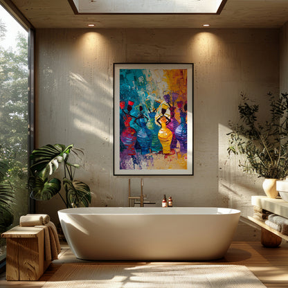 A vibrant and dynamic painting celebrating the rhythm of life and the energy of women. The artist u… for bathroom