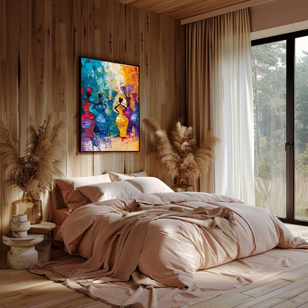 A vibrant and dynamic painting celebrating the rhythm of life and the energy of women. The artist u… for bedroom