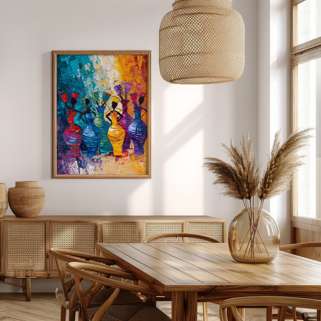 A vibrant and dynamic painting celebrating the rhythm of life and the energy of women. The artist u… for dining room