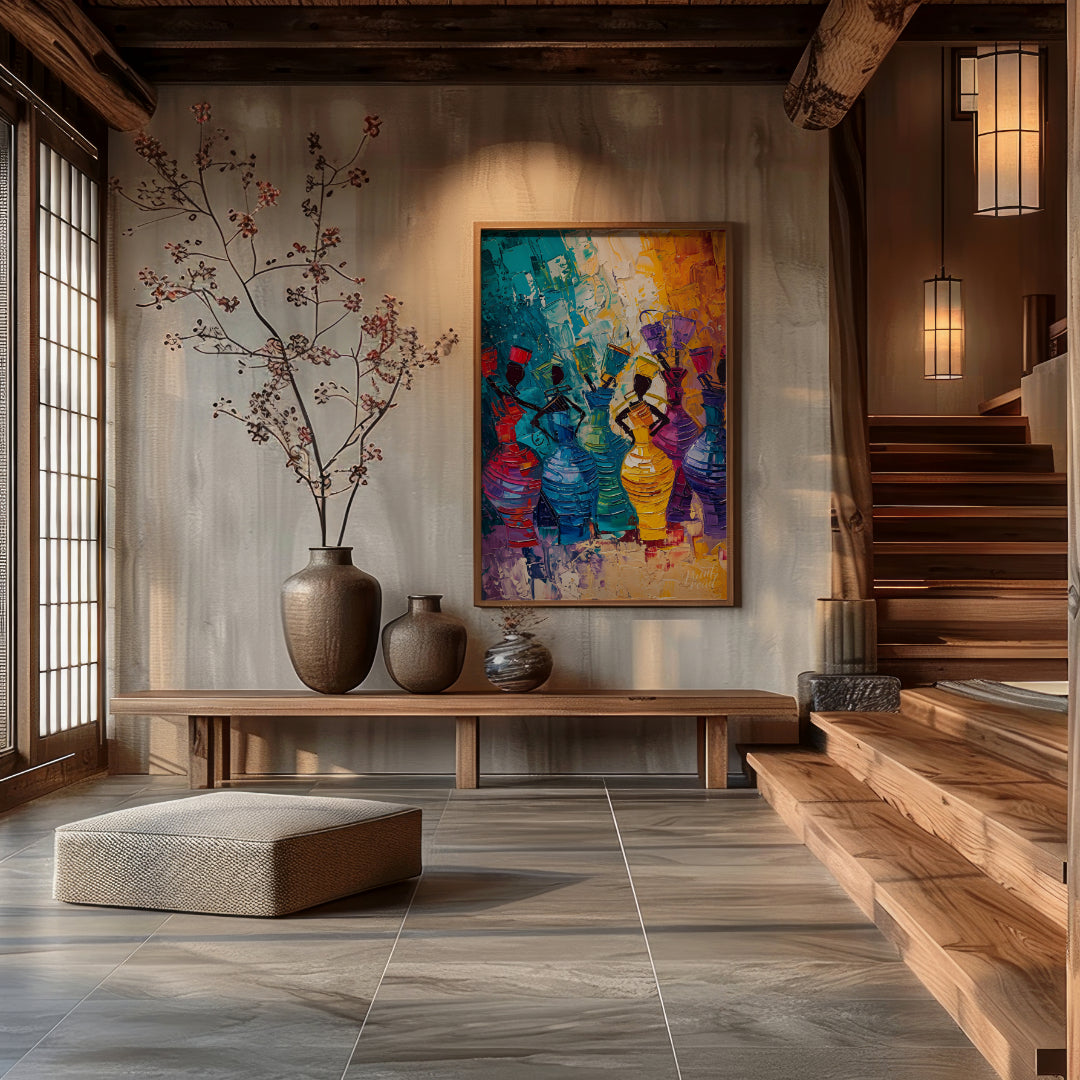 A vibrant and dynamic painting celebrating the rhythm of life and the energy of women. The artist u… for entryway