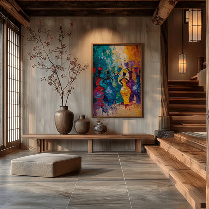 A vibrant and dynamic painting celebrating the rhythm of life and the energy of women. The artist u… for entryway