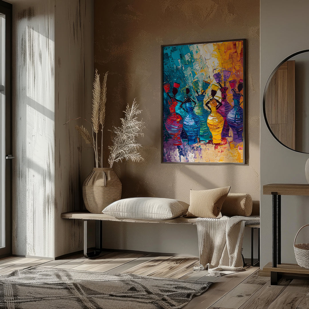 A vibrant and dynamic painting celebrating the rhythm of life and the energy of women. The artist u… for entryway