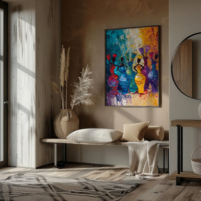 A vibrant and dynamic painting celebrating the rhythm of life and the energy of women. The artist u… for entryway
