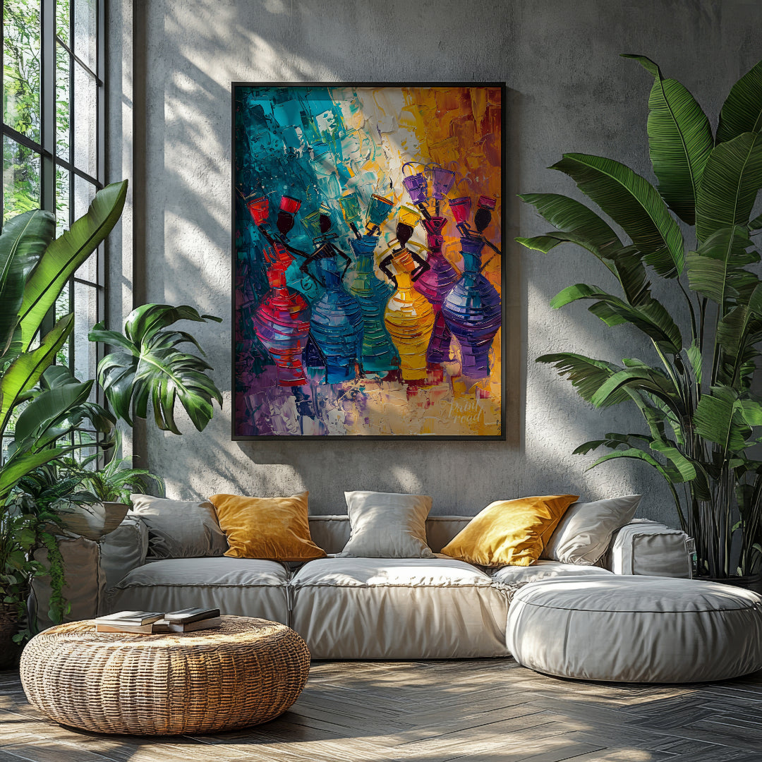 A vibrant and dynamic painting celebrating the rhythm of life and the energy of women. The artist u… for living room