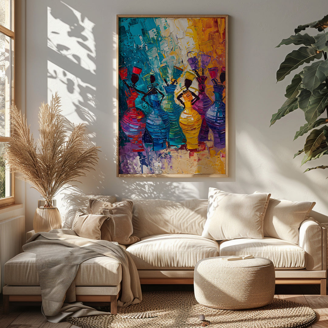 A vibrant and dynamic painting celebrating the rhythm of life and the energy of women. The artist u… for living room