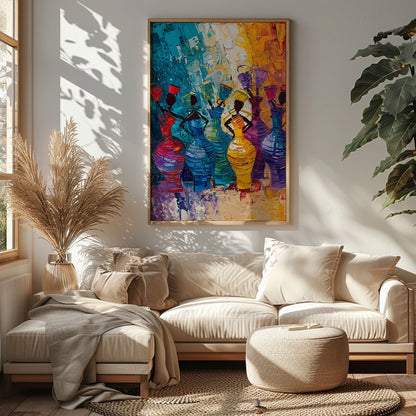 A vibrant and dynamic painting celebrating the rhythm of life and the energy of women. The artist u… for living room