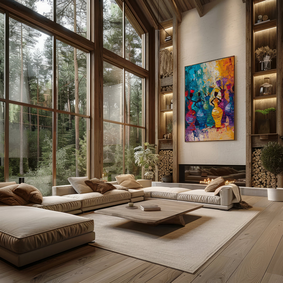 A vibrant and dynamic painting celebrating the rhythm of life and the energy of women. The artist u… for living room
