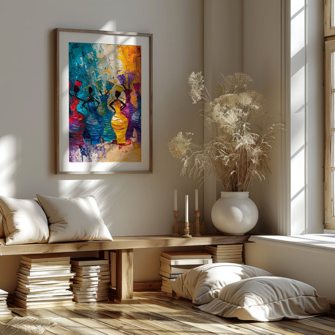 A vibrant and dynamic painting celebrating the rhythm of life and the energy of women. The artist u… for living room