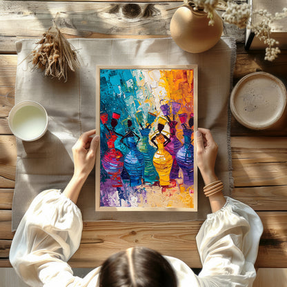 A vibrant and dynamic painting celebrating the rhythm of life and the energy of women. The artist u… for other